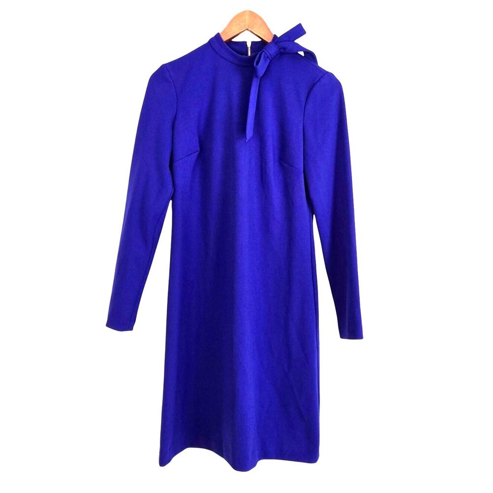 Cobalt Blue Long Sleeve Shift Dress SideTie Bow Mock Neckline Preppy Chic Size 4